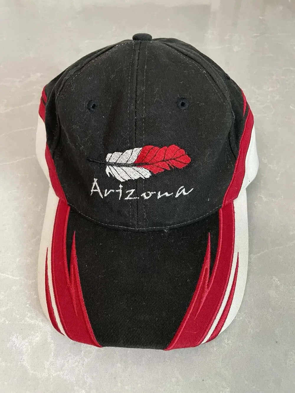 Vintage Arizona Feather Embroidered Souvenir Hat Cap Back Red White Adjustable